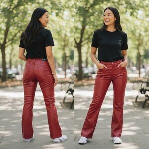 90s Y2K L.E.I Junior Size 11 Red Wet Look Satin Sm. Flare,Hi Waisted Pants. VTG